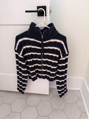 Altar'd State Navy and Cream Striped Knit Zip Cardigan